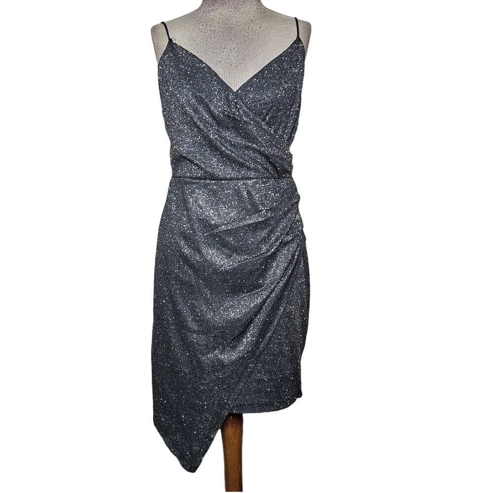 Black Silver Metallic Cocktail Mini Dress Size Large